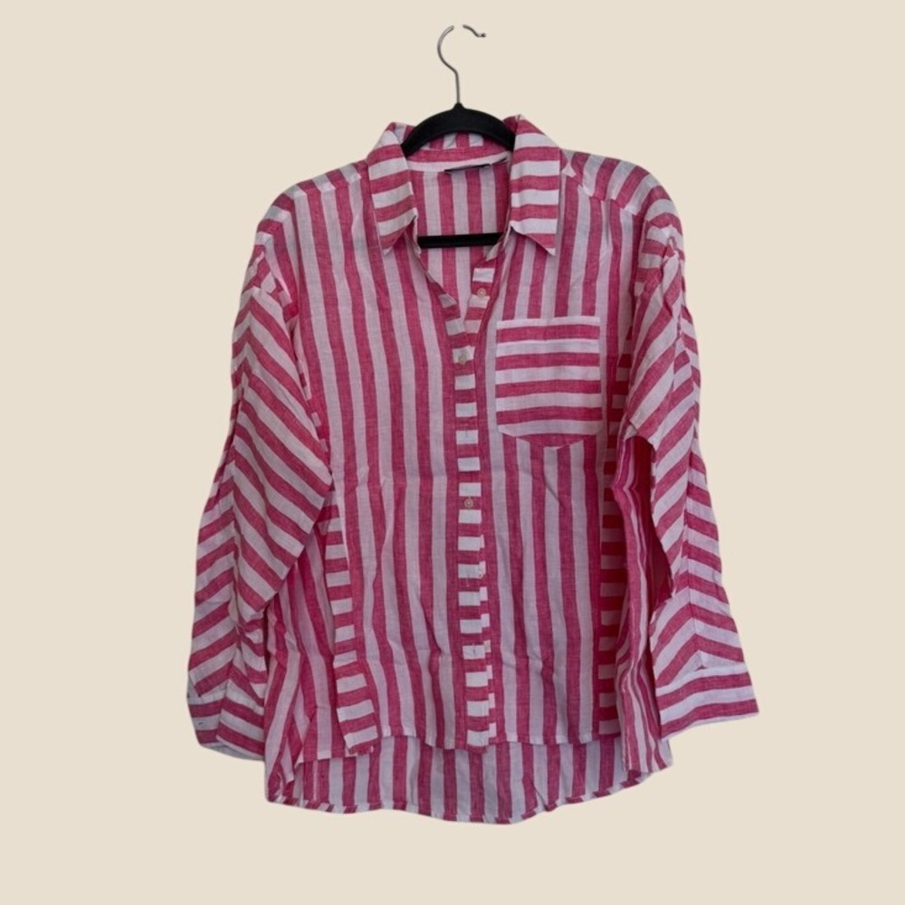 Vineyard Vines Size 6 Linen Pink White Vertical Stripe Button Down Tunic Shirt